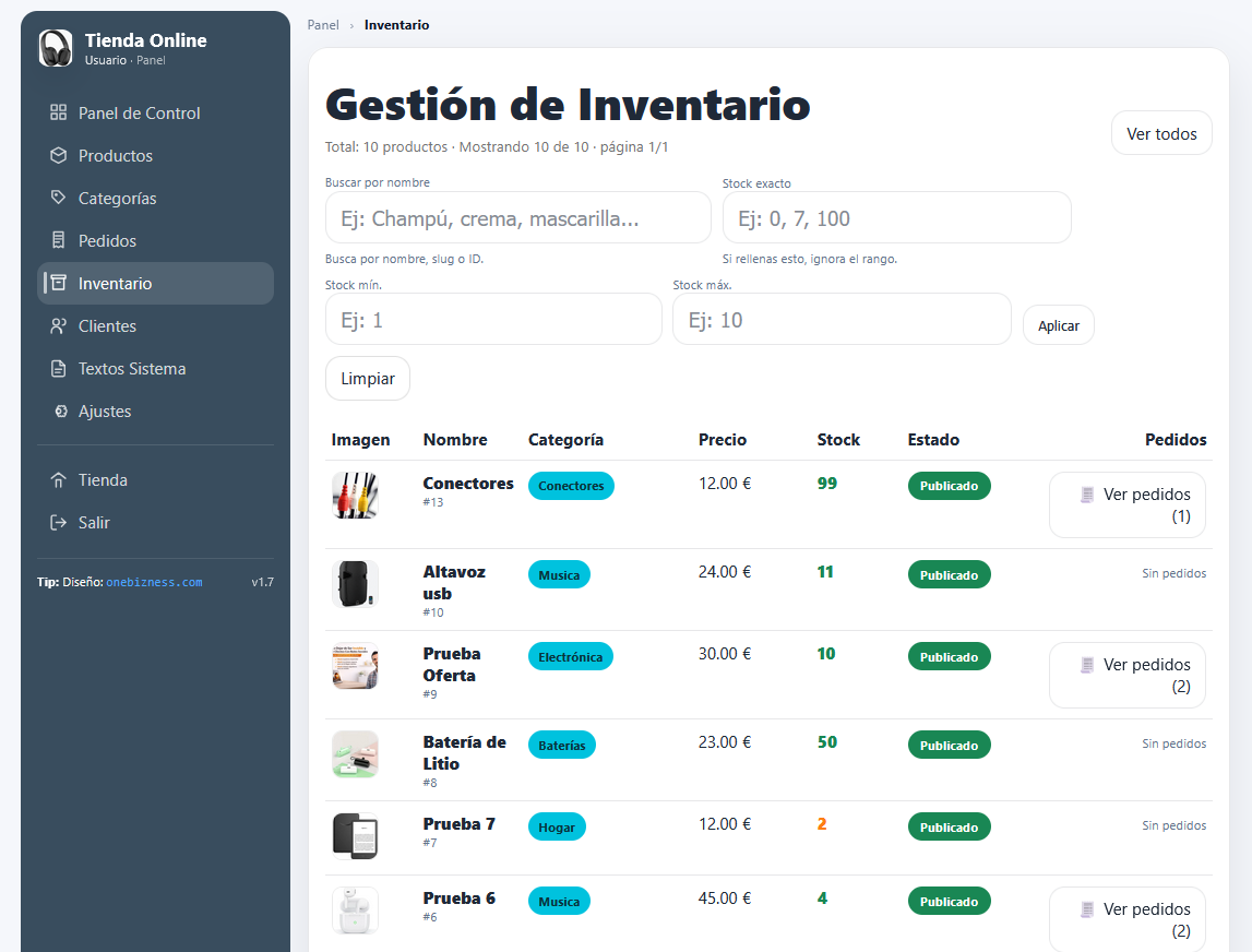 Vista grande del panel de pedidos